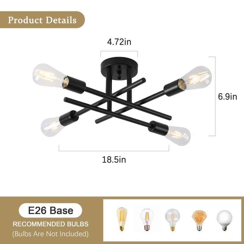 4-Light Modern Semi-Flush Mount Light for Bedroom Study Living Room