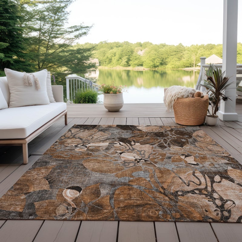 Machine Washable Indoor/ Outdoor Modern Floral Chantille Rug - 9' x 12' - Paprika