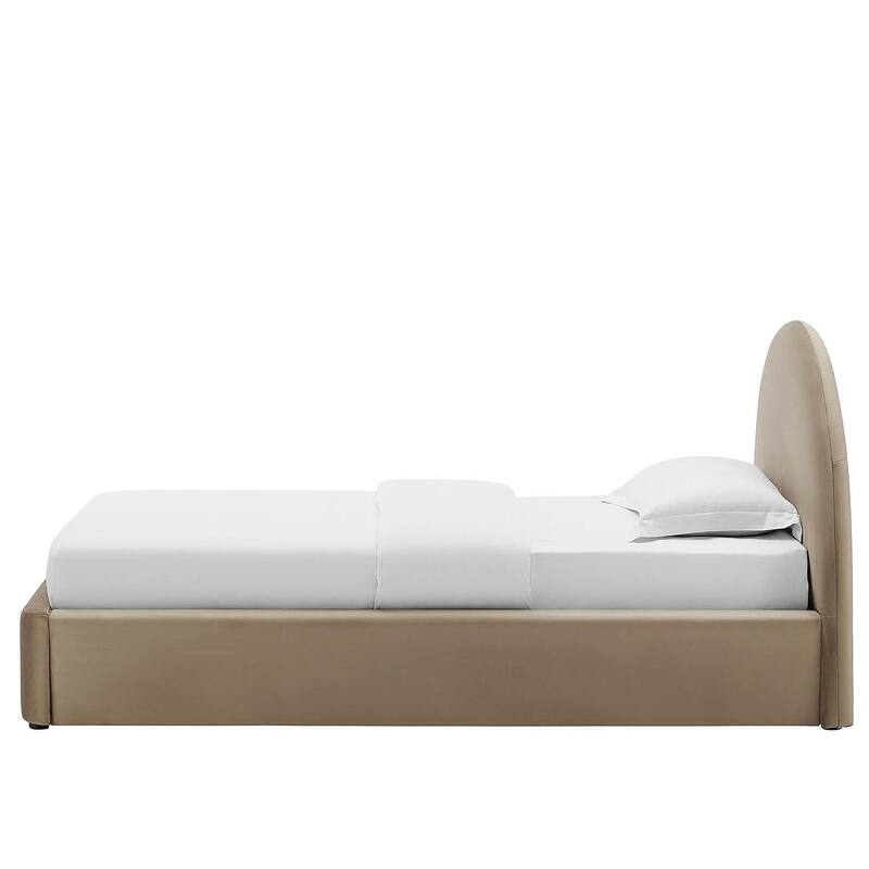 Palmetto Modern Round Headboard Taupe Velvet Upholstered Twin Size Platform Bed