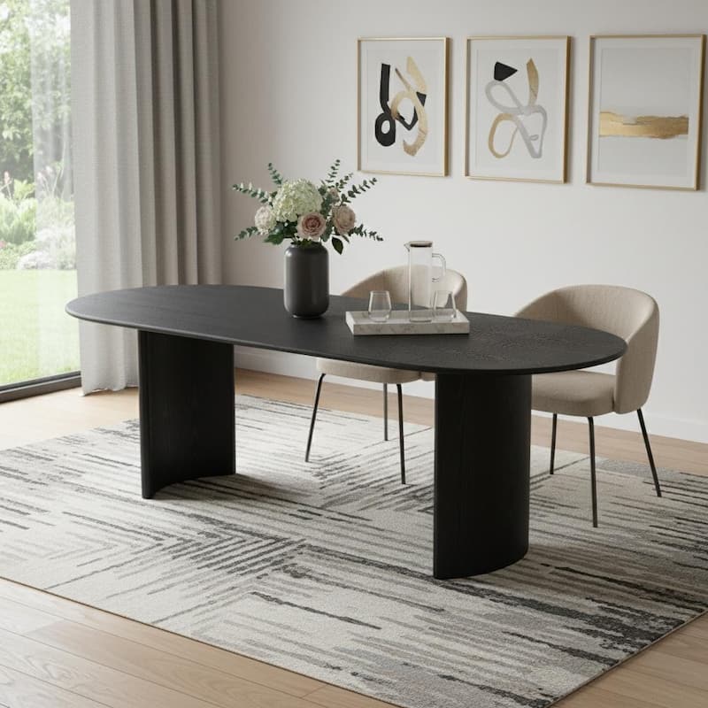 HomeRoots 79" Black Solid Wood Double Pedestal Base Oval Dining Table - 79.00 in. x 30.00 in. x 33.50 in. - Black - 79.00 in. x 30.00 in.  x 33.50 in.