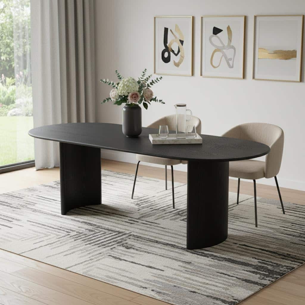 HomeRoots 79" Black Solid Wood Double Pedestal Base Oval Dining Table - 79.00 in. x 30.00 in. x 33.50 in.