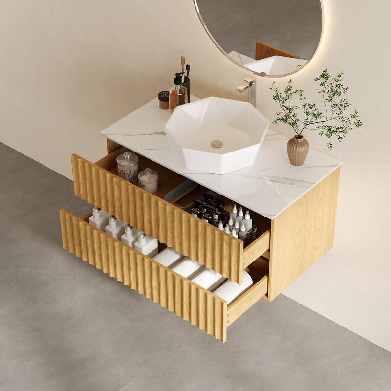 35.43" Floading Single Bathroom Vanities, With 2 Drawers, Glossy Sintered Stone Top, Light Wood