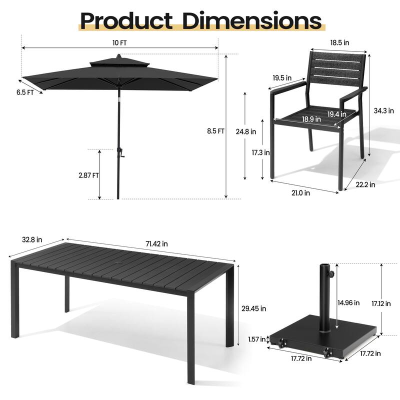 Set of 9 Outdoor Patio Dining Set WoodLike Aluminum Umbrella Hole Table with Stackable Armchairs, Double Top Market Umbrella Set