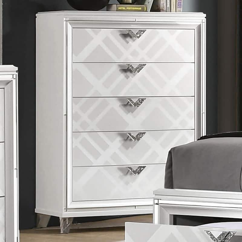 Bel Air Glam Wood 5-Drawer Chest with Mirrored Accent Trim by Furniture of America - White