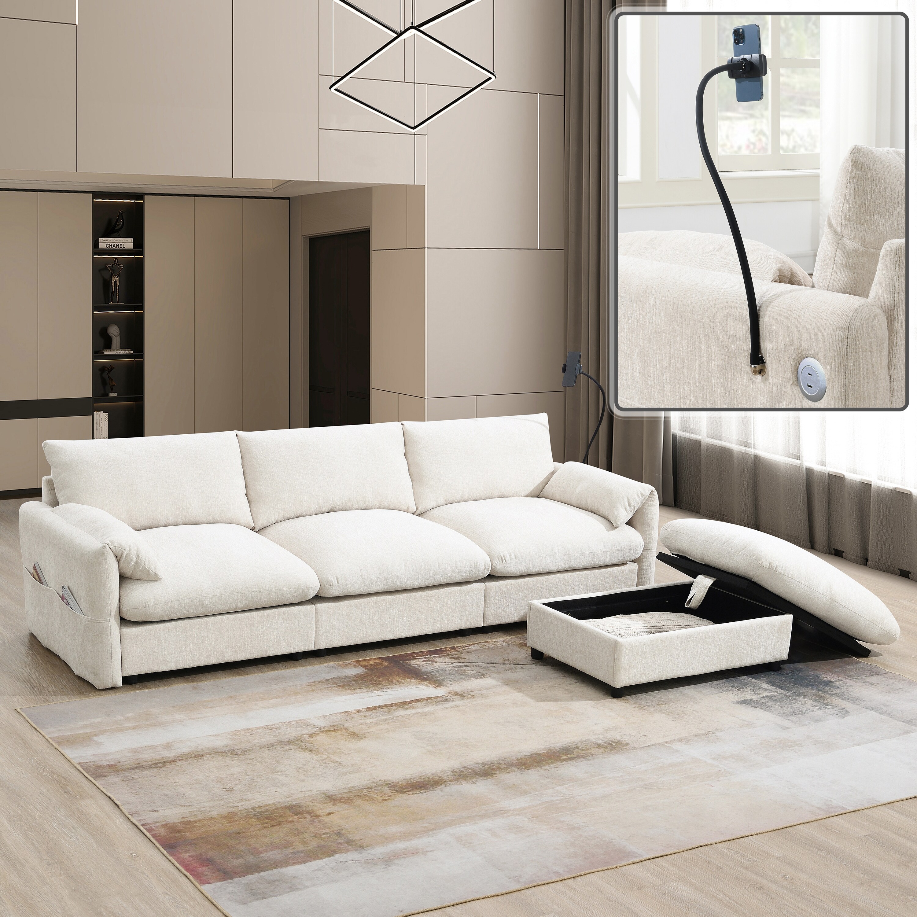 96.5" L-Shaped Sectional Sofa with Storage Ottoman, USB Charger & Adjustable Phone Holder