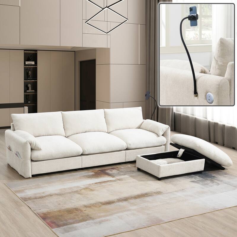 L-Shaped Sectional Chenille Sofa with Storage Ottoman, Phone Holder, USB Charger, Elephant Ear-Shaped Armrests and Pockets