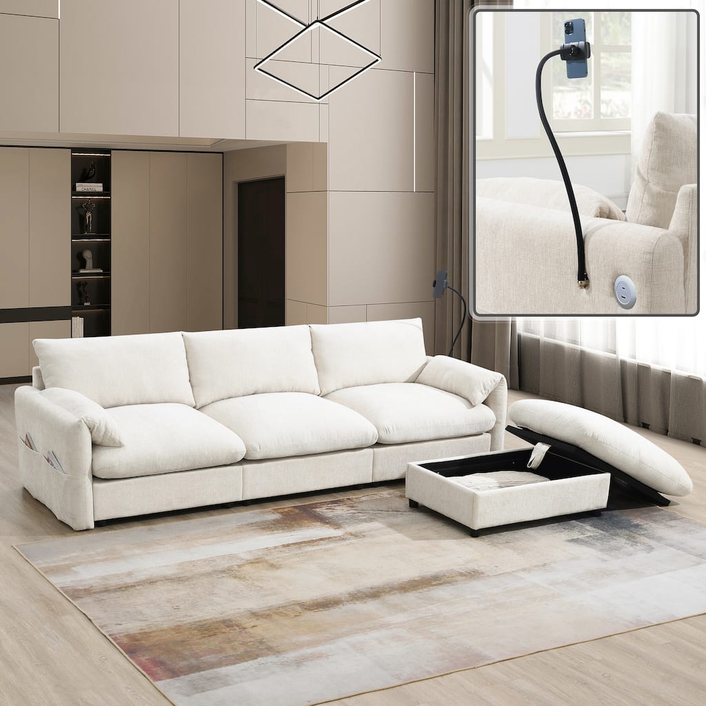 Roomfitters 96.5" L-Shaped Sectional Sofa with Storage Ottoman, Phone Holder, USB Charging, Deep Seat Chenille Couch