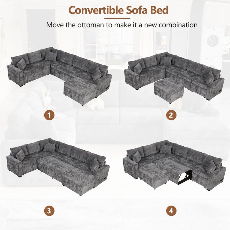 112.2" Sectional Sofa Pull-out Sofa Bed Sleeper with a Storage Ottoman,Three Pillows and Charging Devices for Living Room, Cream