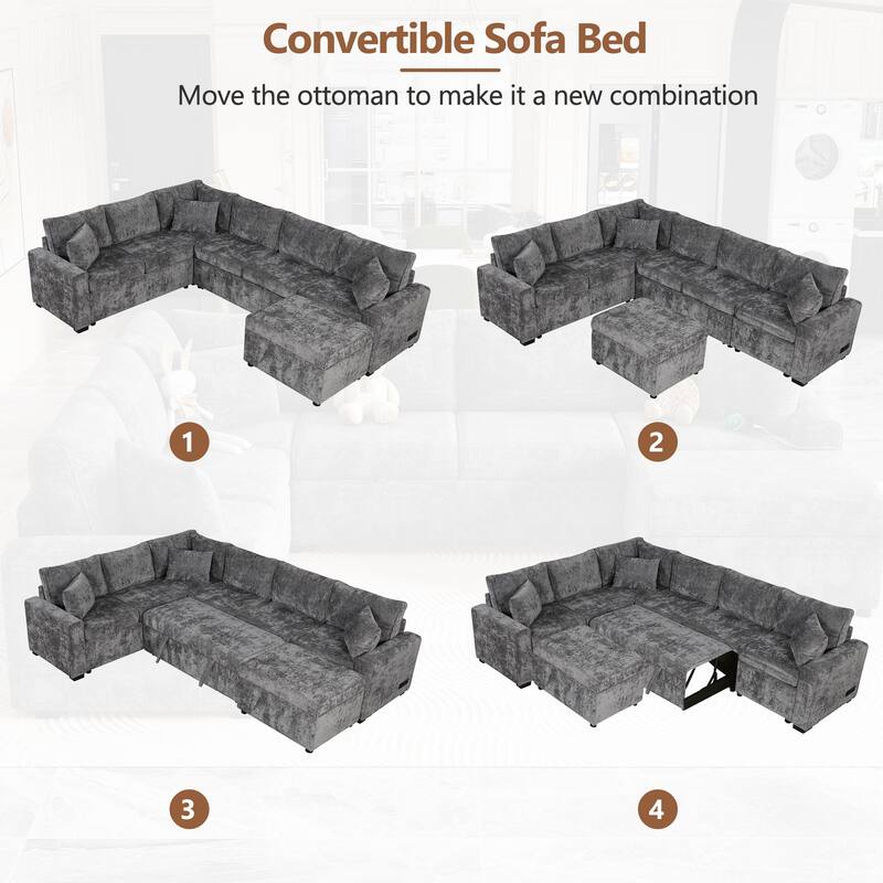 Sectional Sofa Pull-out Bed with Storage Ottoman and Charging Devices