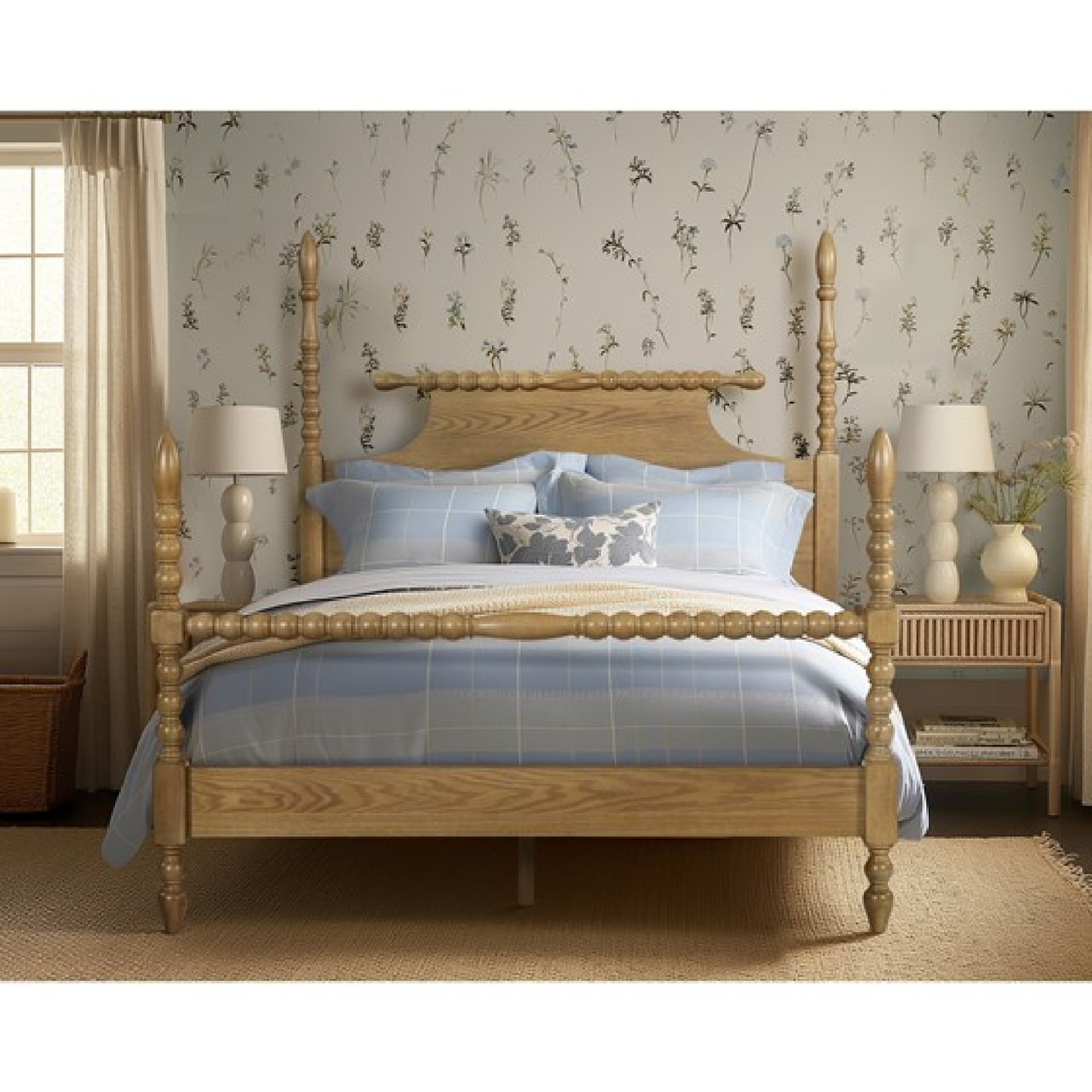 Roomfitters Traditional Four Poster Bed, Queen Size Solid Wood Frame with Rolling Pin Turned Posts and Slats, Natural