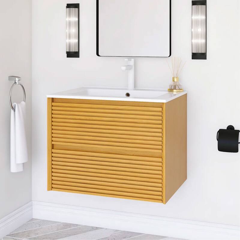 Wall-Mounted Bathroom Vanity with White Ceramic Sink