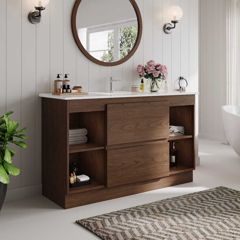 47"Mid Century Single Bathroom Vanities with Sink, White Vanities with 2 Drawers and 4 Shelves