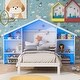 preview thumbnail 1 of 9, Wood Platform Bed with House-shaped Storage Headboard and Bookshelf, Built-in LED Light Strips, 2 in 1 Design, House Roof Frame White - Twin