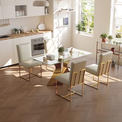 Luxury Gold Dining Table Set with 63 inch Glass Dining Table and White Leather Dining Chairs