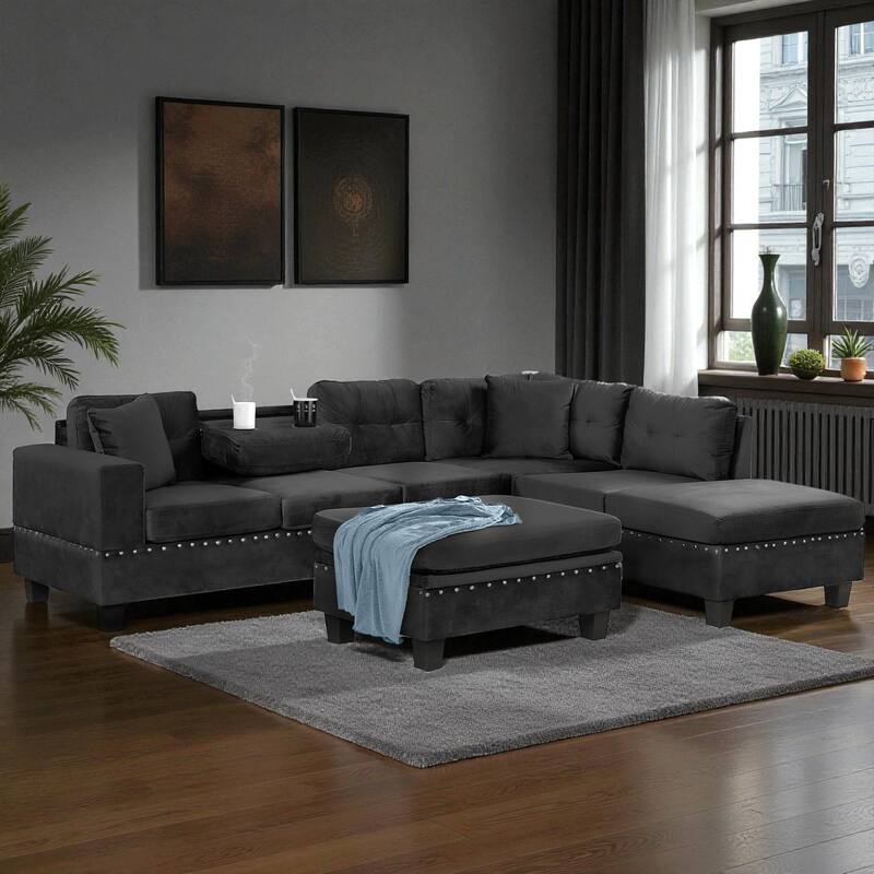 105" Modern L-Shaped Sectional Sofa with Storage Ottoman, Reversible Chaise, Velvet Upholstery and Cup Holders for Living Room - Black