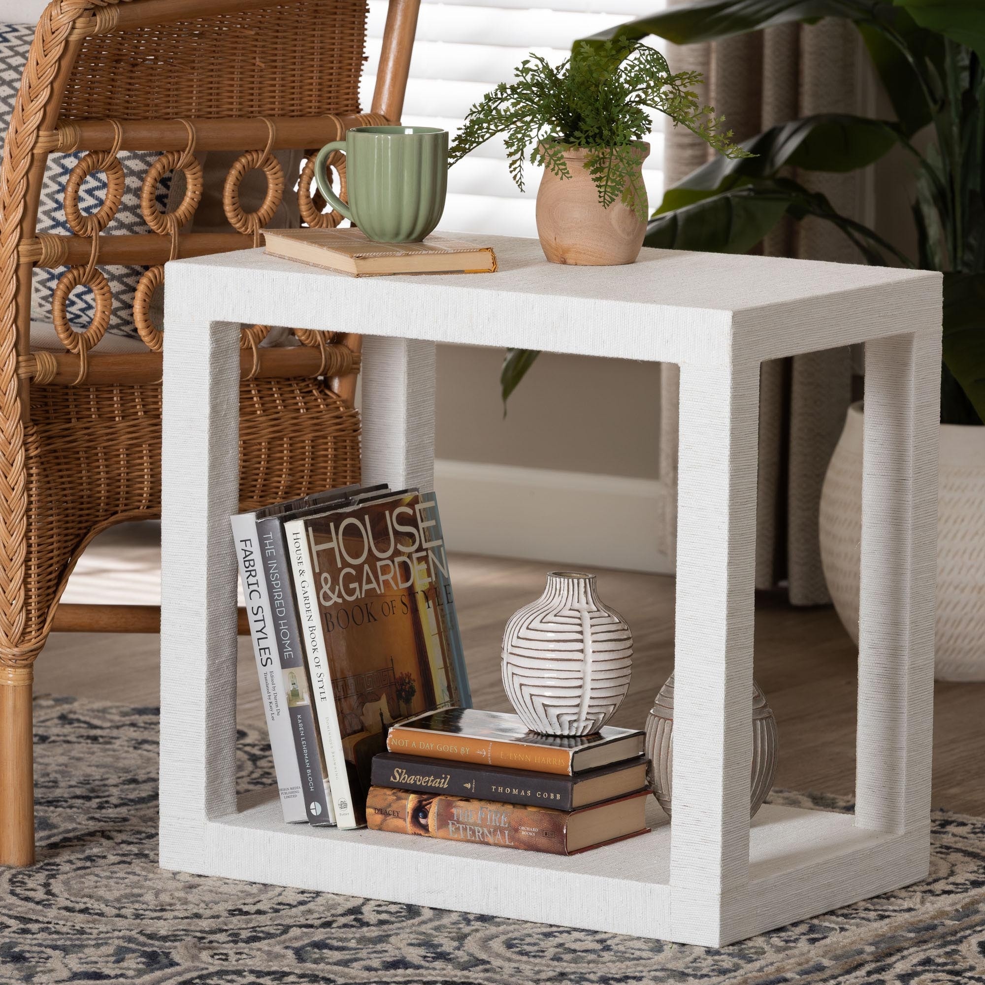 Oaklynn Natural Grasscloth End Table - Two-Tier Accent Table with Open Frame, Modern Coastal Complement, White