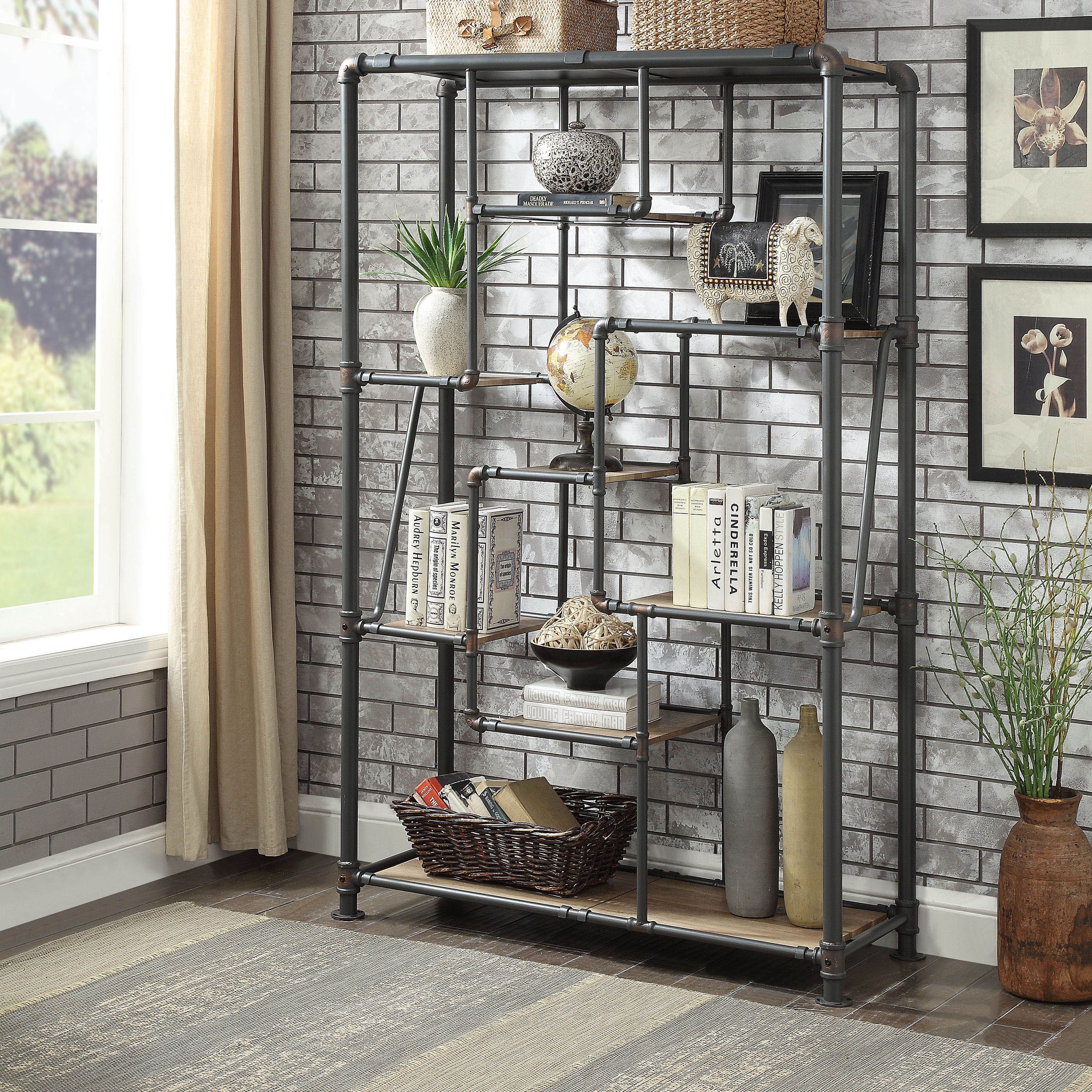Furniture of America Vofi Industrial Black Metal Multi-Shelf Tiered Bookshelf