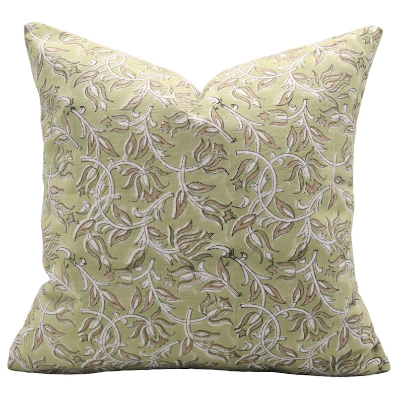 Fabdivine Hand Block Print Pillowcase in Cotton for Hotel Floral Cushion Cover Farmhouse Throw Décor, Coastal Tulip - Kamal Dutta- Green, Brown - 24" x 24" - Pillow Covers