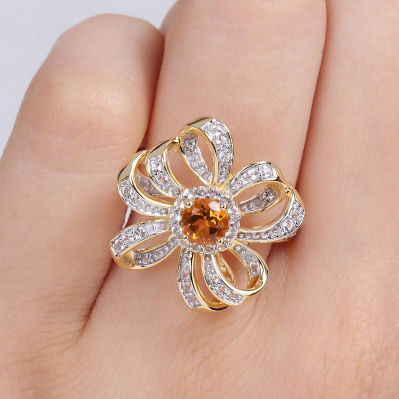 Miadora Madeira Citrine and White Topaz Floral Cluster Ring in 18k Yellow Plated Sterling Silver