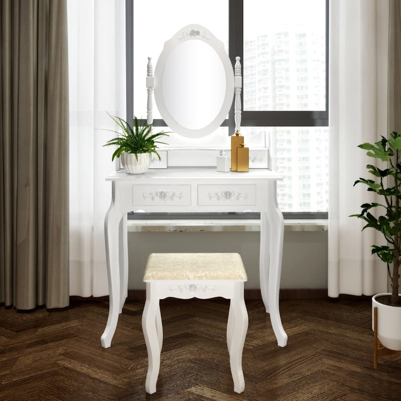 56" Mirror Dressing Vanity Table Makeup Desk with Stool White - (29.52 x 15.75 x 56.1)" - White