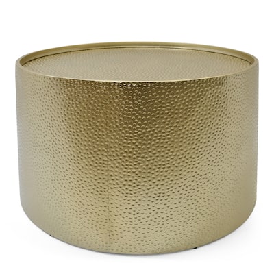 Bet Coffee Table, 26 Inch Round Hammered Look, Modern Gold Iron Metal