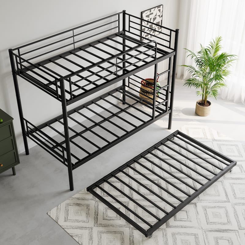 Black Twin Size Metal Bunk Bed with Trundle, Ladder and Full-Length Guardrail, Noise Free