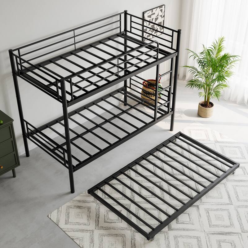 Twin Over Twin Metal Bunk Bed with Trundle and Guardrails, Space-Saving Frame