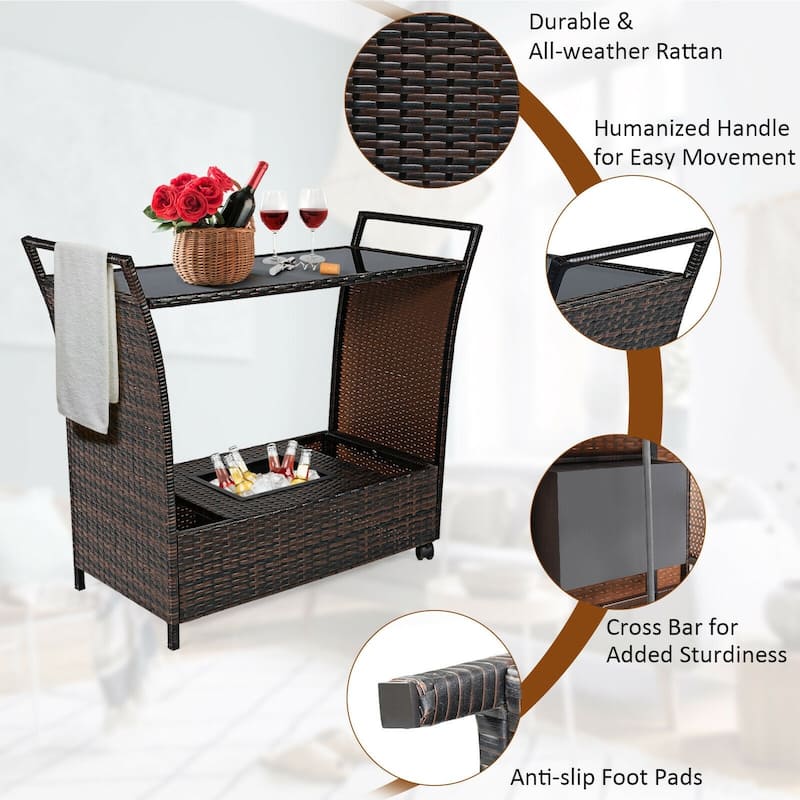 Patio Rattan Bar Serving Cart with Glass Top and Handle - 43" x 18" x 26" (L x W x H)