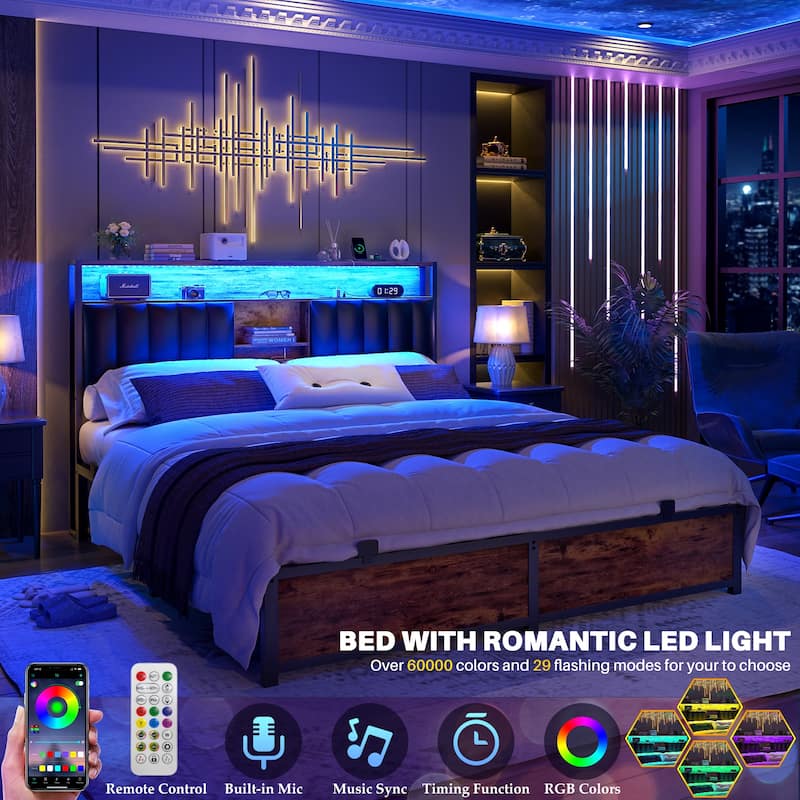 Upholstered Bed Frame with Storage Shelving, Platform Beds with Charge Station and LED Lights