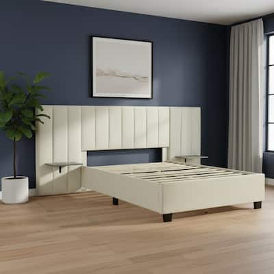 HomeRoots Light Gray Tufted Velvet Upholstered Lighted Full Bed Frame