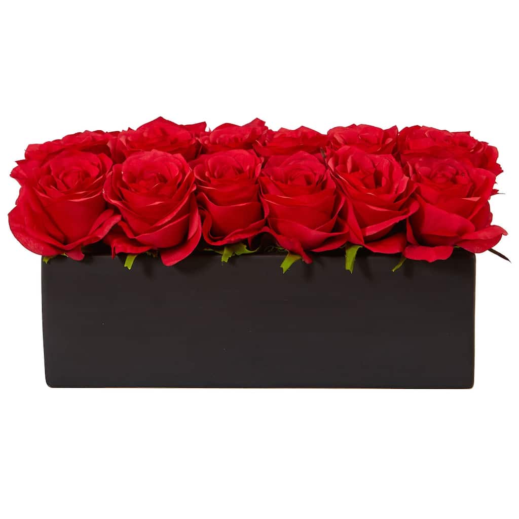 Silk Roses in Planter - Home Decor Faux Flowers Arrangement, Romantic Centerpiece, Black Ceramic Pot - Red - 6