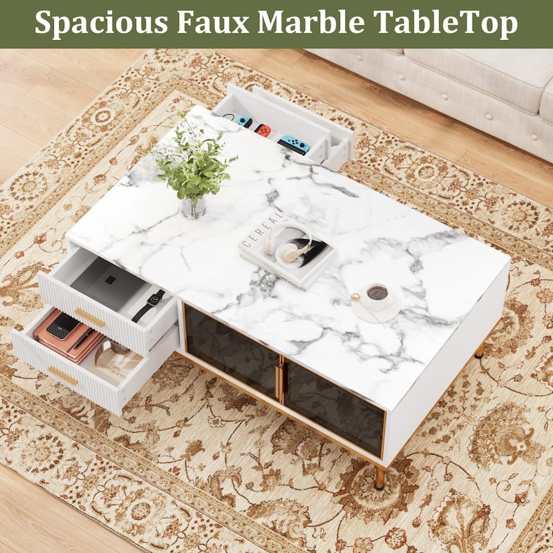 Minimalist Coffee Table with Faux Marble Surface, Glass Storage Doors