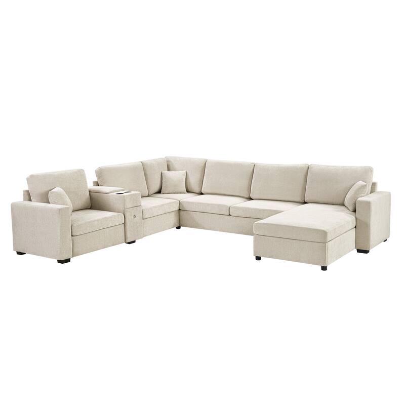 Modern 5-Seat Modular U-Shaped Sectional Sofa with Chaise, Storage Drawer, Built-In Cup Holders and Throw Pillows