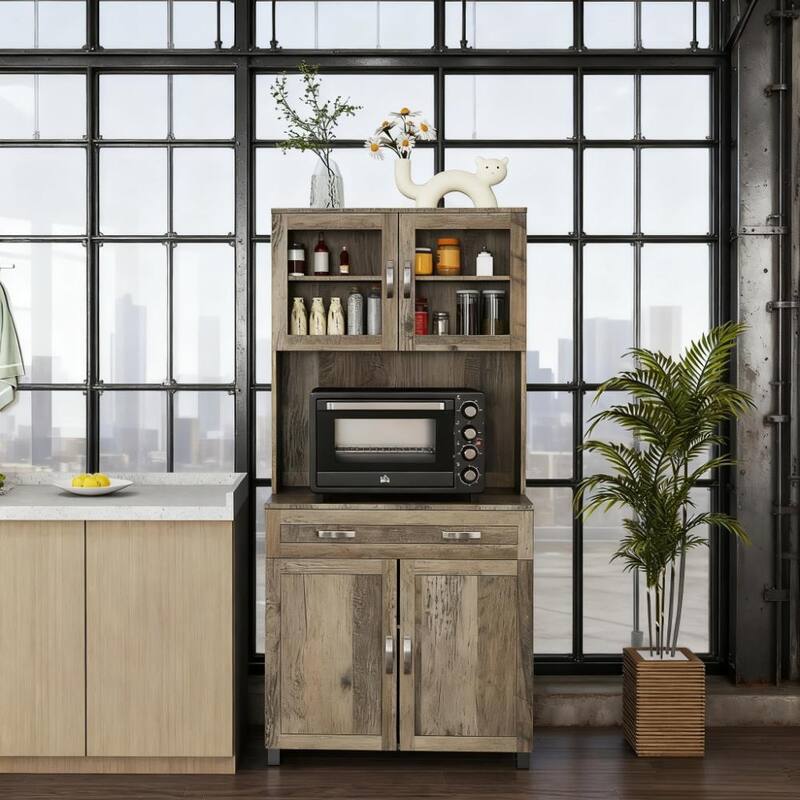 67" Retro Buffet with Hutch, Kitchen Pantry Storage Cabinet with Shelves, Drawers, Framed Glass Doors, Open Countertop