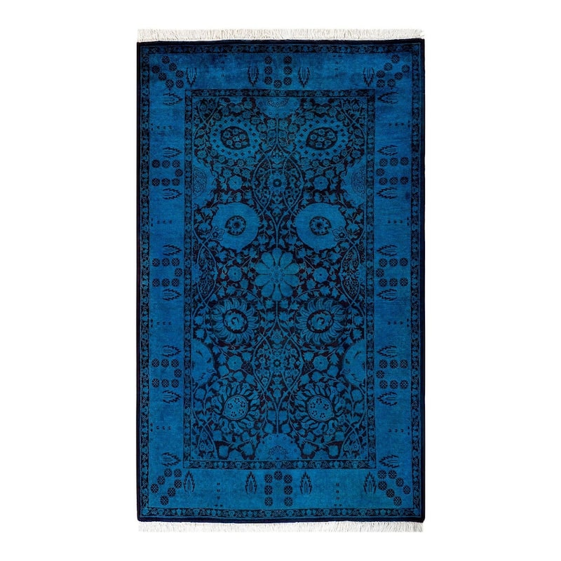 Overton Hand Knotted Wool Vintage Inspired Modern Contemporary Overdyed Blue Area Rug - 3' 2" x 5' 2"