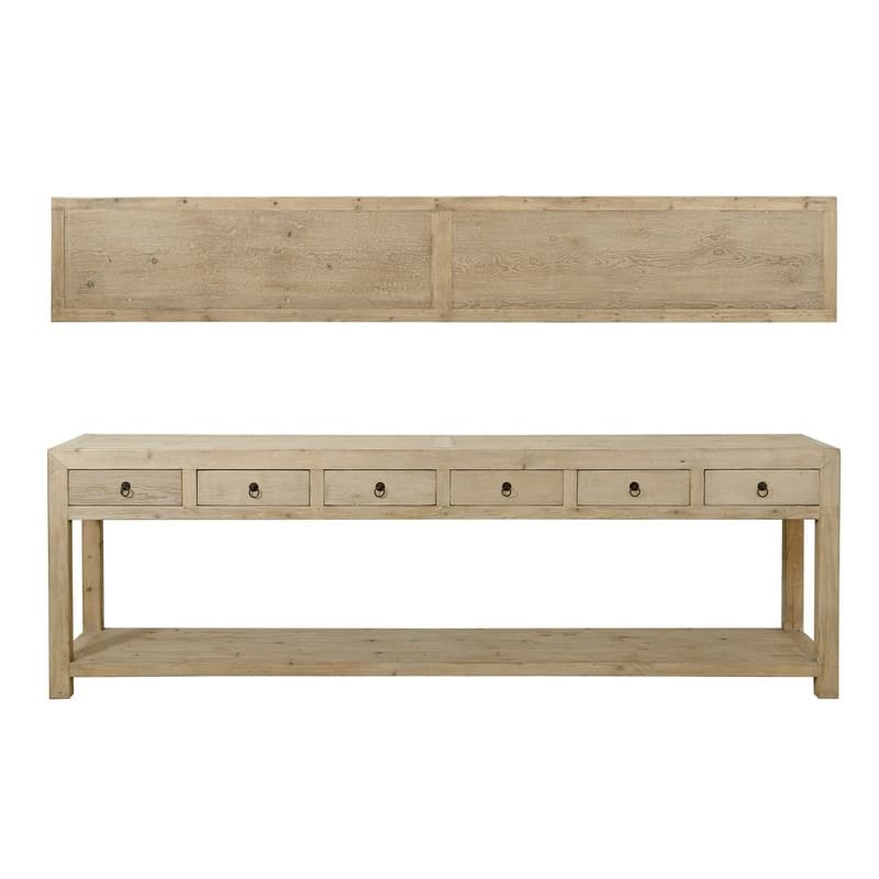 110" W Rectangle Weathered Natural Wood Indoor Console Table w/6 Drawers, Spacious Bottom Shelf