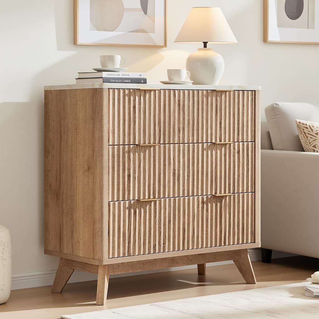 Modern Fluted 3 Drawers Dresser, Chest of Drawers for Bedroom