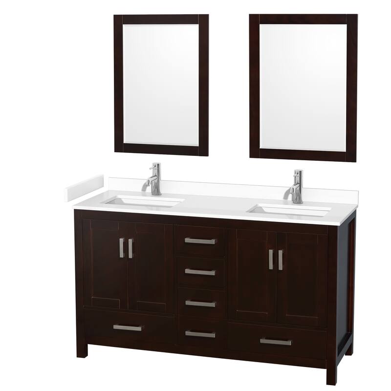 Sheffield Double Bathroom Vanity Set, Cultured Top, 24-Inch Mirrors - 60-Inch Double - Espresso, White Cultured Marble Counter