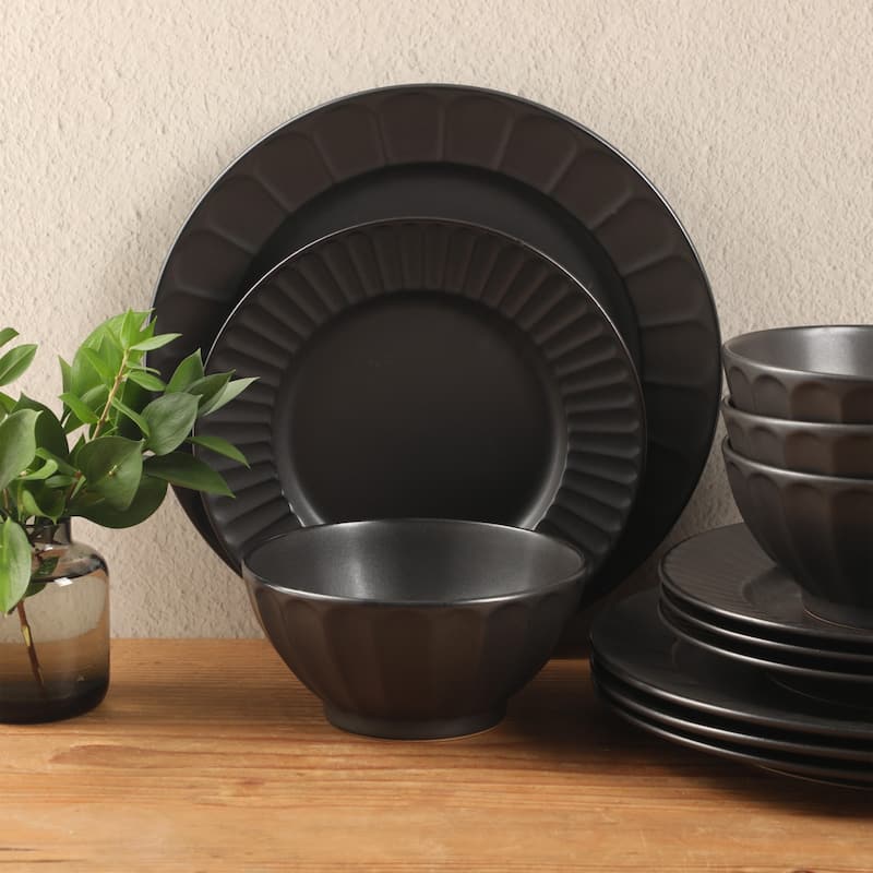 Gibson Elite Winchester Way 12-Piece Embossed Stoneware Dinnerware Set - Reactive, Durable Lightweight- Plates & Bowls Set