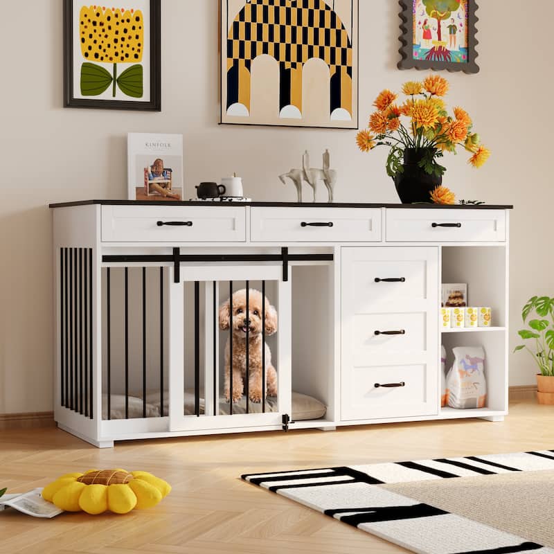 Large Capacity ,6 Drawers ,Multi-Purpose Dog Crate Kennel Furniture - White&Black