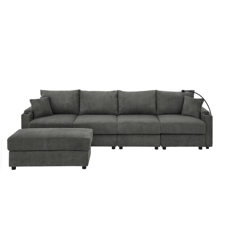 4 Seater Storage Lounge Couch Corduroy L-shaped Sectional Sofa with Ottoman, Phone Stand and Cup Holders for Living Room