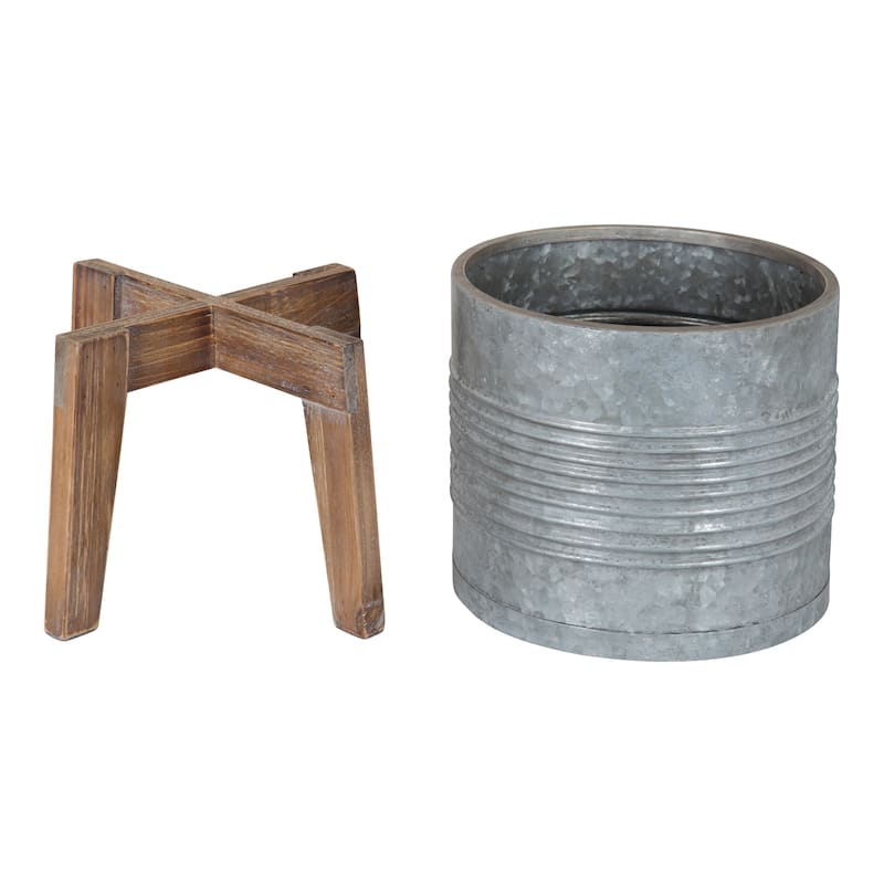 Kate and Laurel Gavri Metal Planter with Wood Stand - 11.25" Diameter