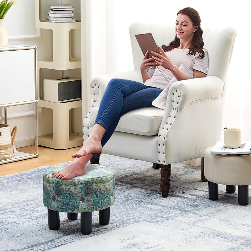 Modern Small Round Linen Ottoman Footstool with Wooden Legs for Bedroom or Living Room