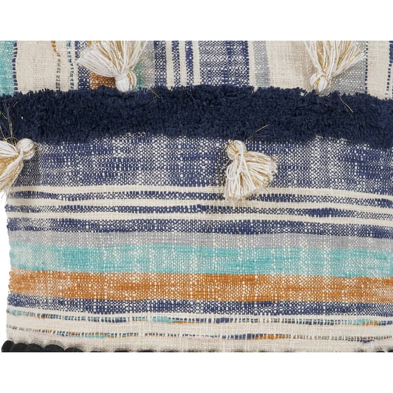 Handmade Striped Square Throw Pillow Cover with Tassels - 18" - Blue and Cream