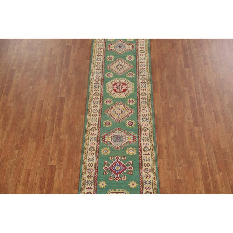 Green Kazak Runner Rug Hand-Knotted Geometric Wool Carpet - 2'7" x 16'2"