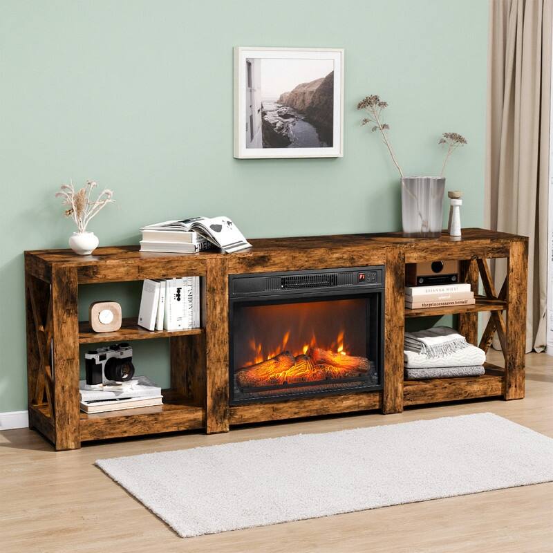 Farmhouse 70'' TV Stand For Tvs Up To 70'' With 23'' Electric Fireplace and Adjustable Shelves