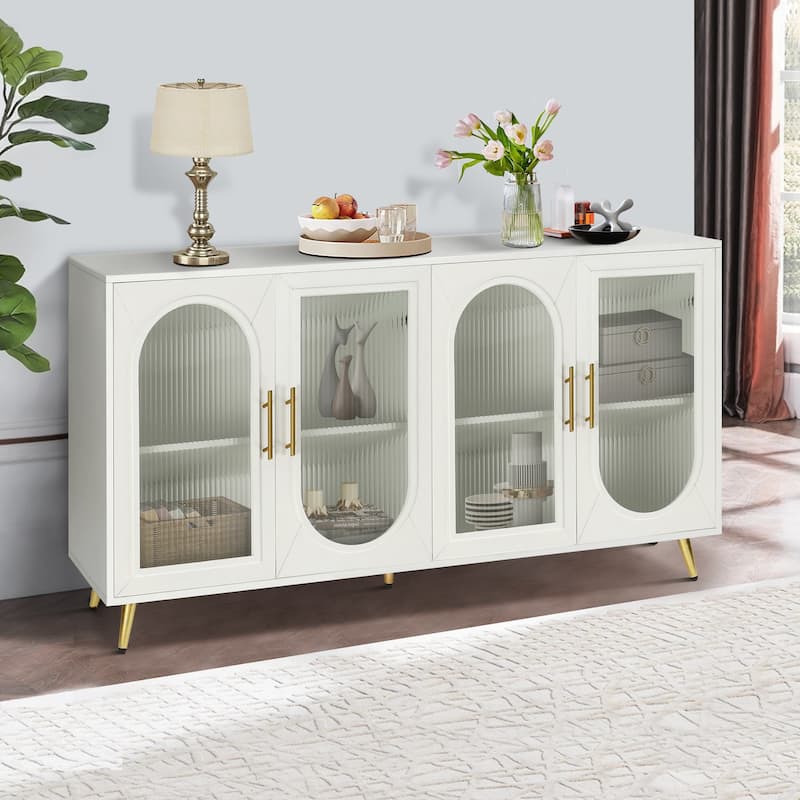 Wood TV Stand with Storage Cabinet & Adjustable Shelves - White
