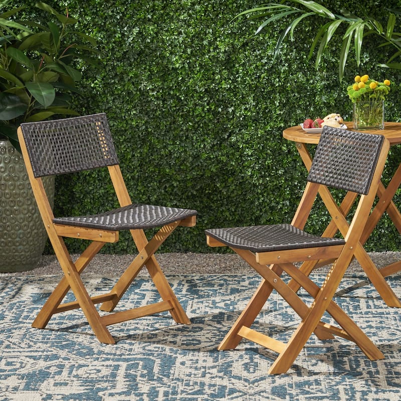 Set of 2 Acacia Wood Foldable Wicker Chairs