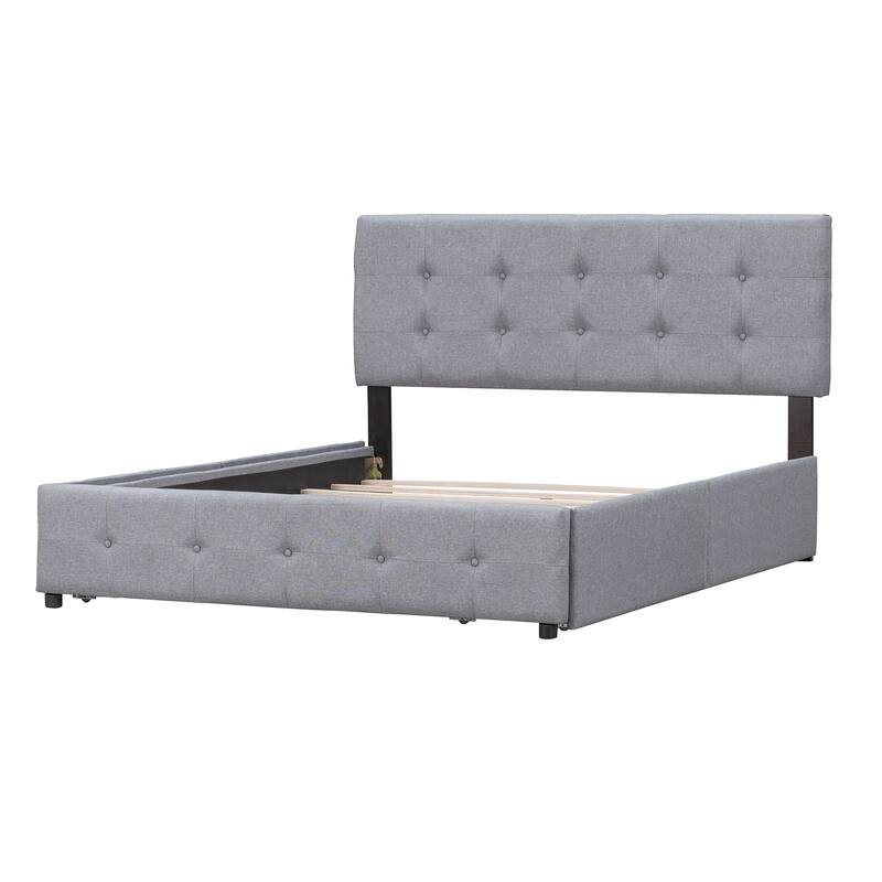 Queen Linen Upholstered Platform Bed with Tufted Headboard & 4 Drawers