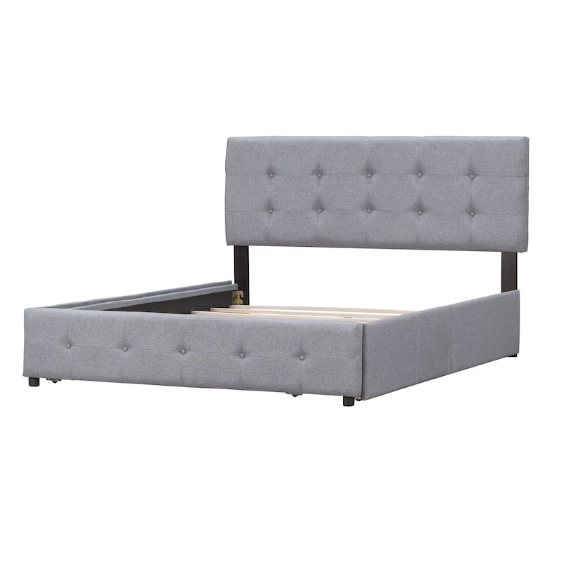 Queen Size Upholstered Platform Bed with Classic Headboard, 4 Drawers